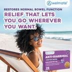Back side of Welmate stomach relief medicine box outlining full drug facts and warnings
