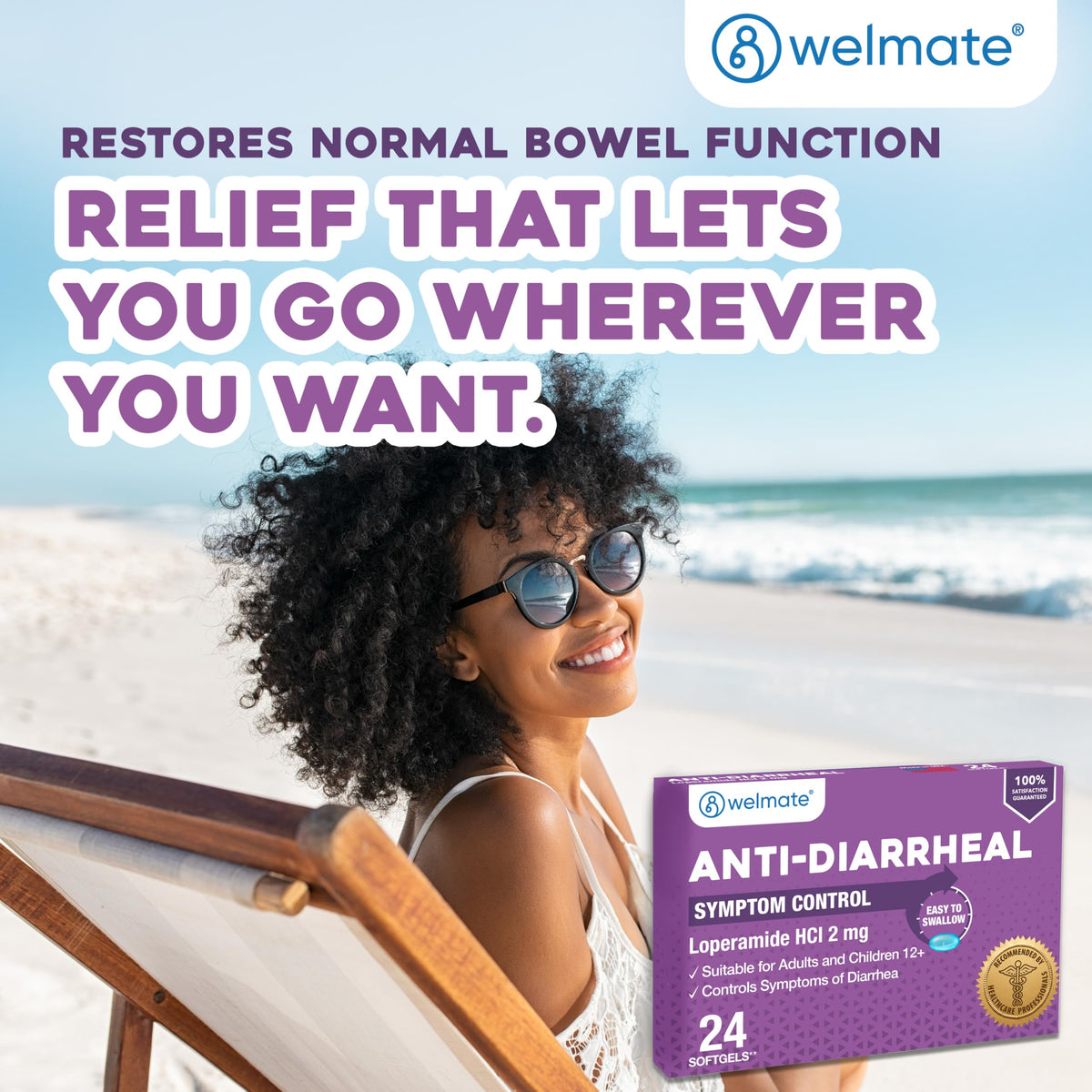Back side of Welmate stomach relief medicine box outlining full drug facts and warnings