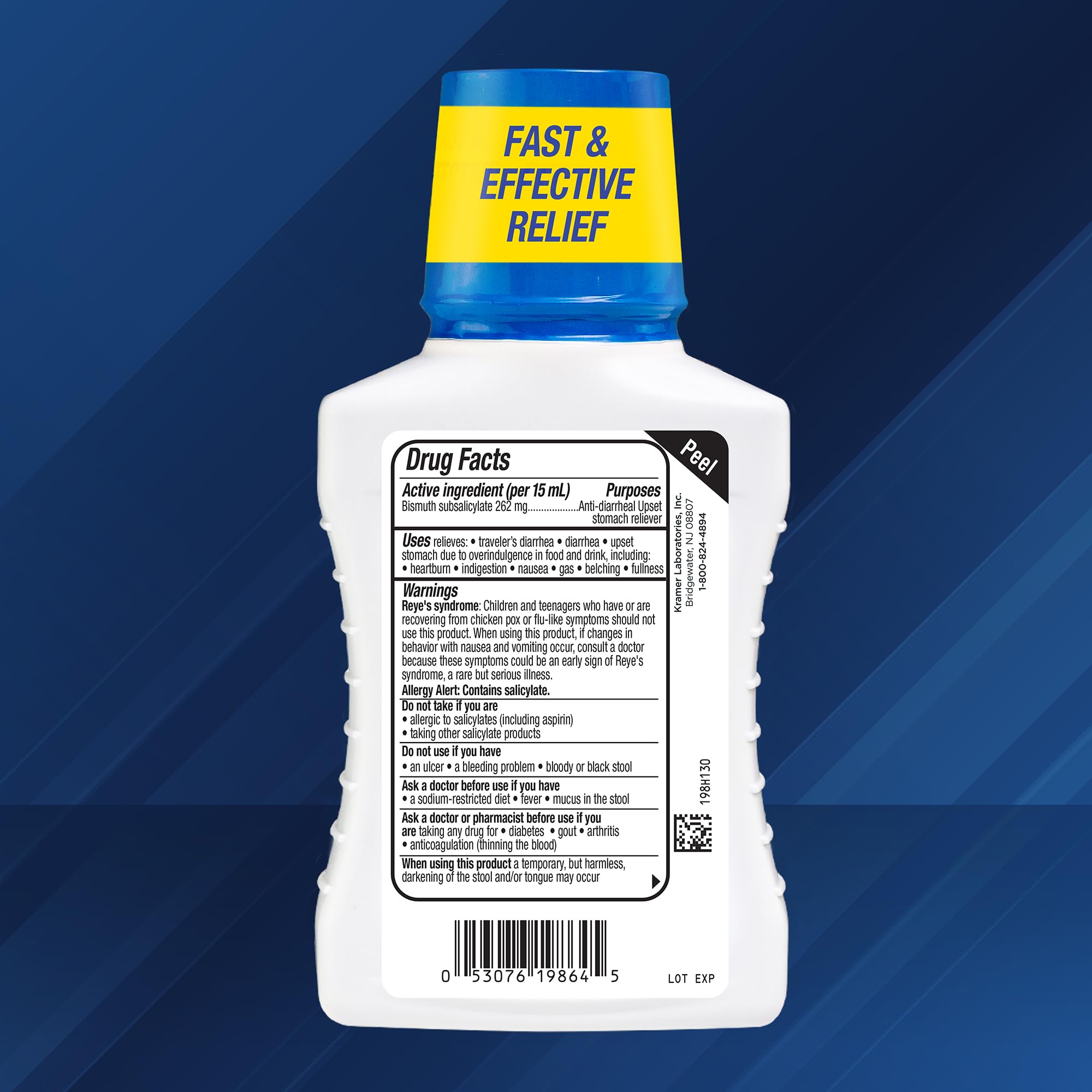 Kaopectate anti diarrhea medicine showing active ingredient and adult dosage facts panel.