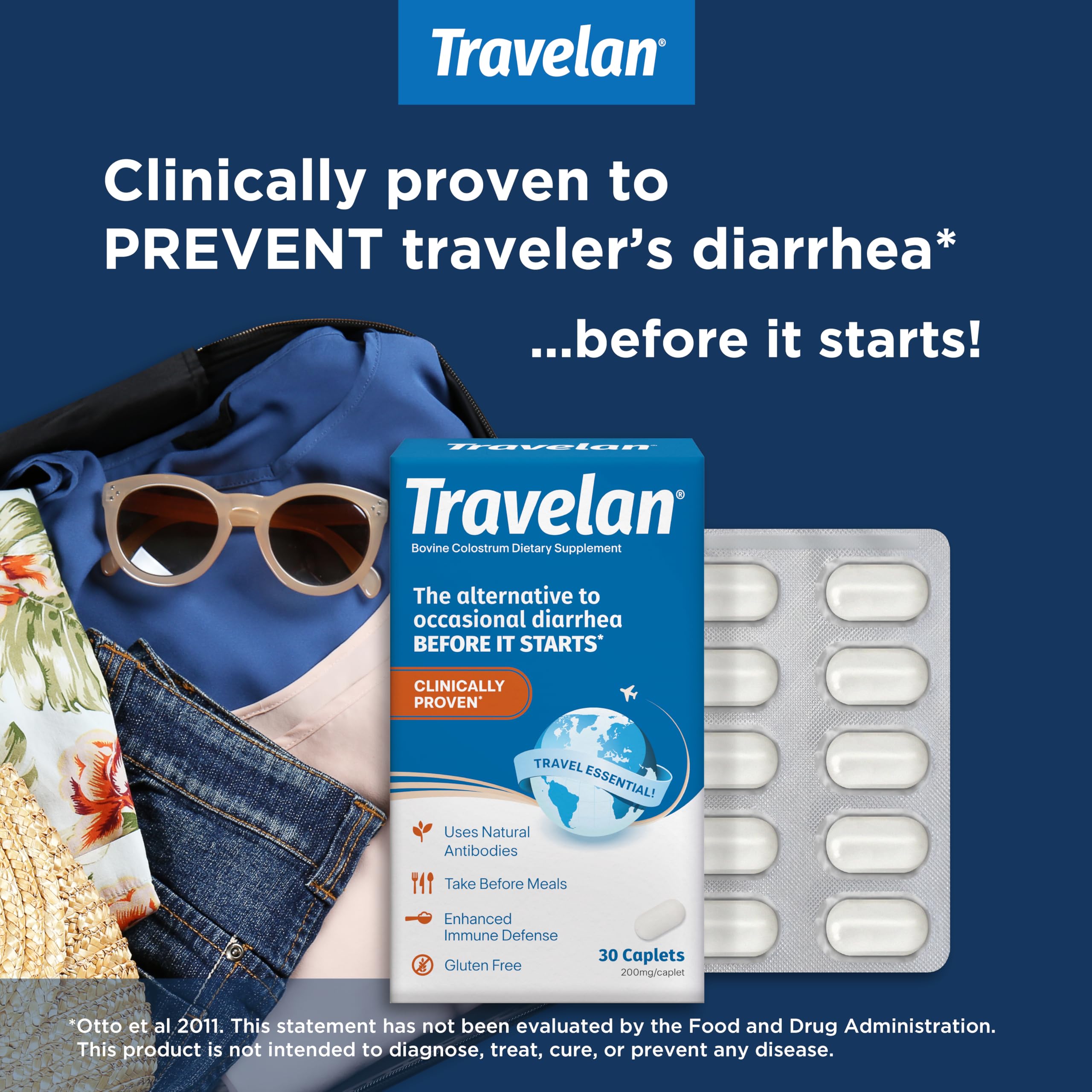 Travelan 30 count caplets natural dietary supplement bottle for gut health