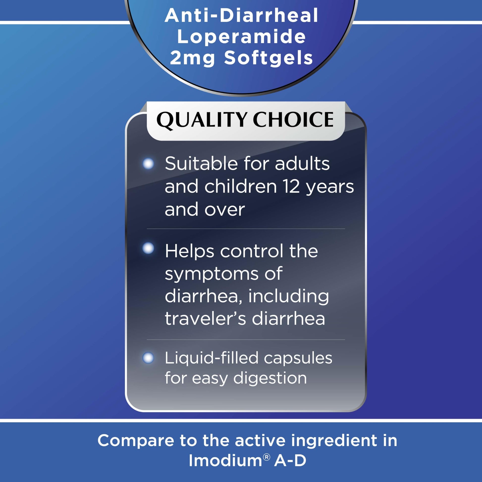 Side view of Quality Choice Loperamide 2mg anti-diarrheal medicine box