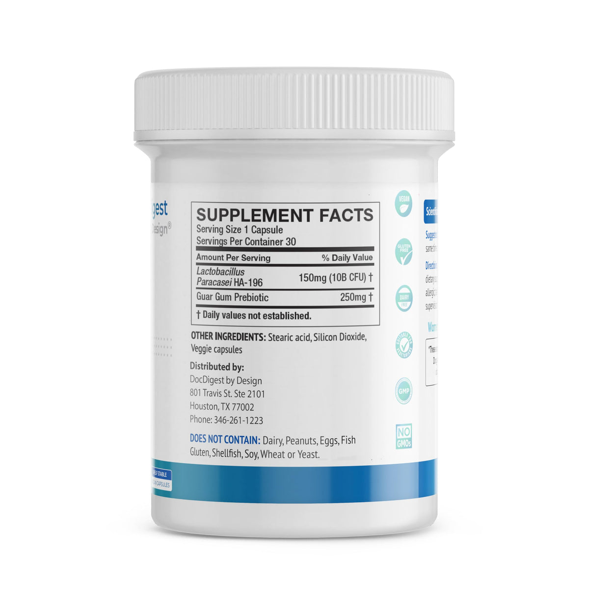 Product display showing the low FODMAP prebiotic and Lactobacillus strain features clearly.