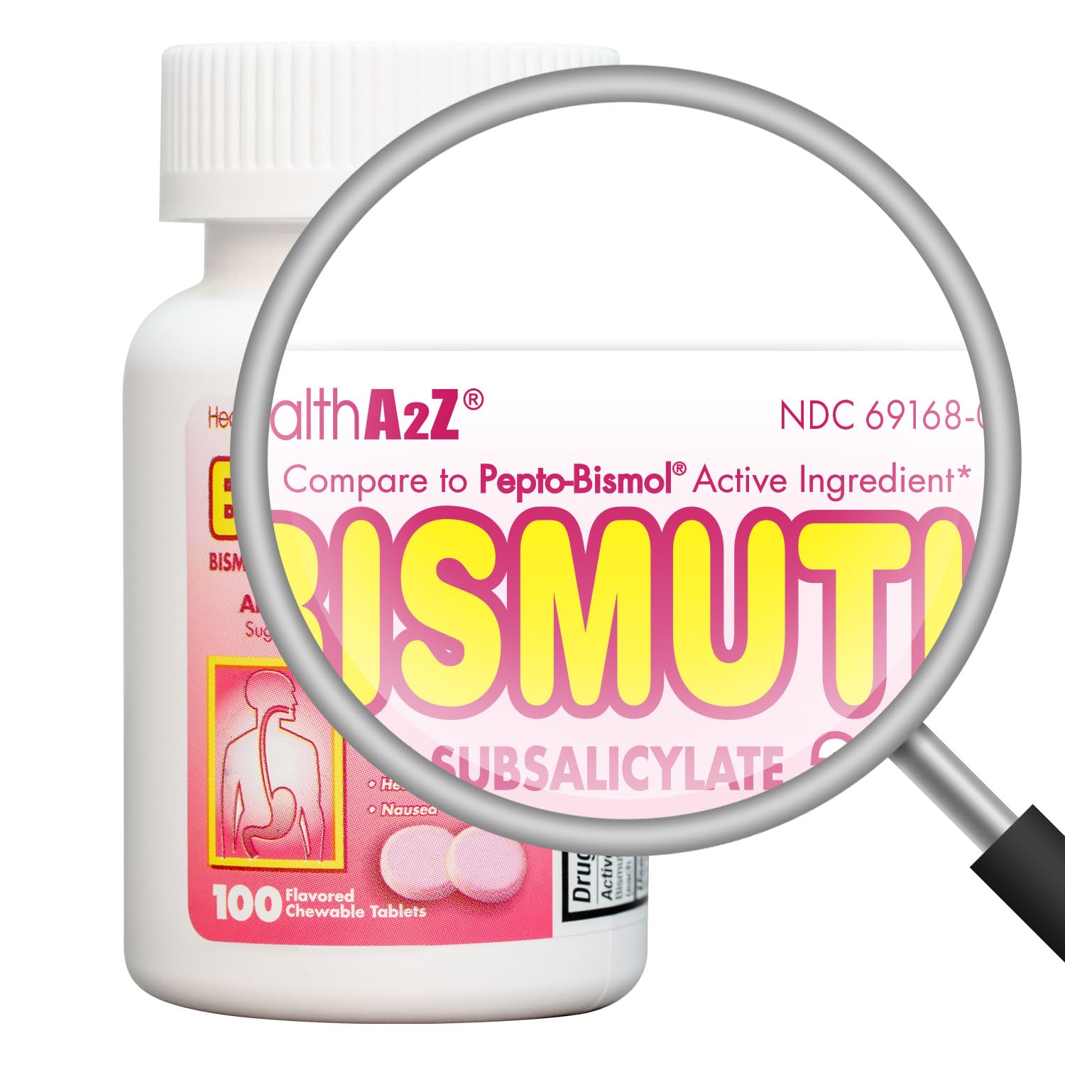 HealthA2Z Bismuth pink multi symptom relief tablets pouring out of the bottle