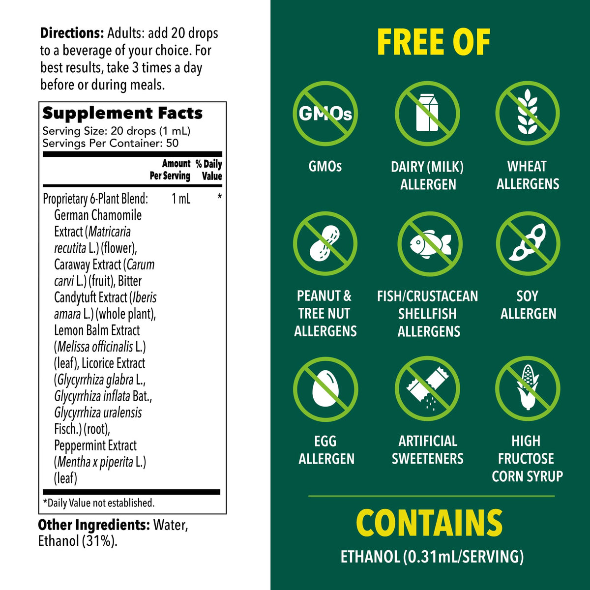 Side panel displaying the dosage instructions for the 50ml liquid digestive supplement.