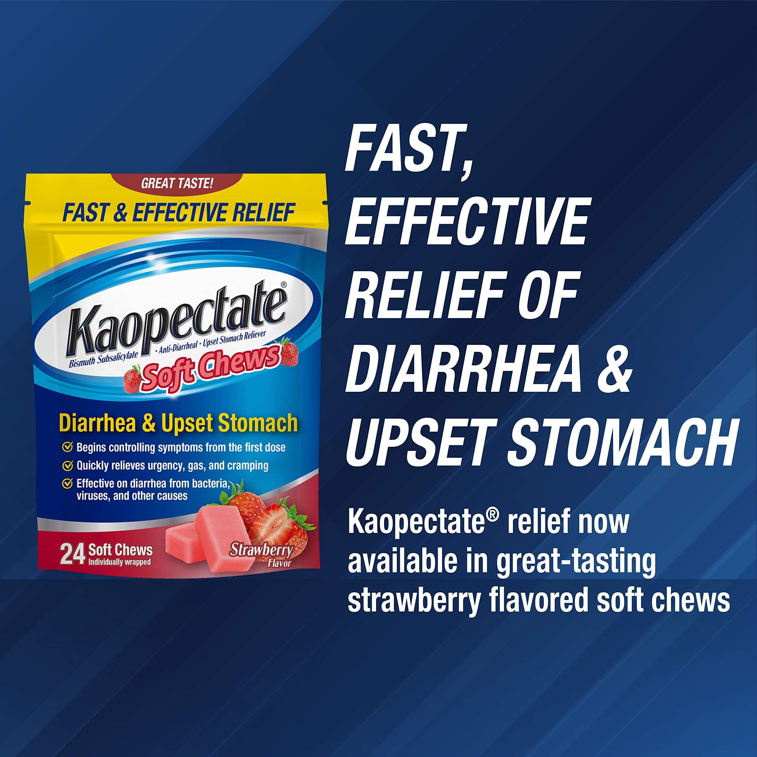 Individually wrapped strawberry flavored anti diarrhea soft chewable tablets by Kaopectate.