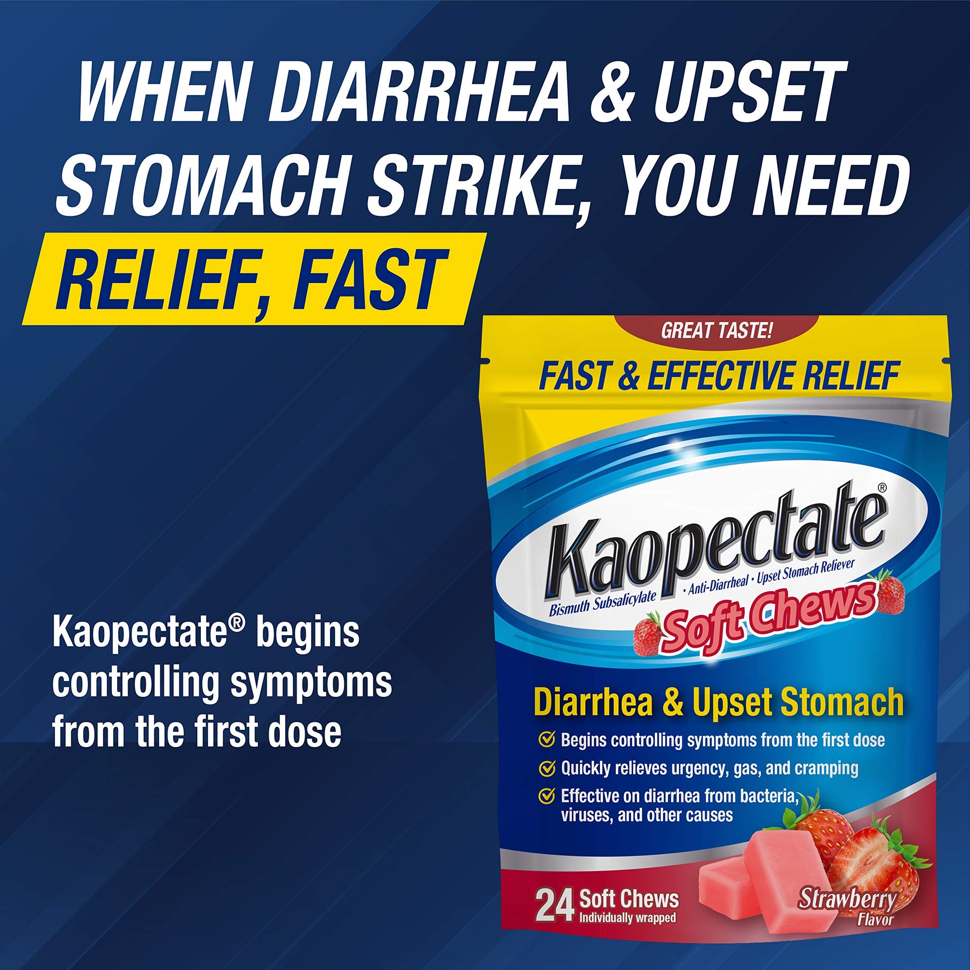 Kaopectate multisymptom digestive relief chewables for adult travelers diarrhea and gas.