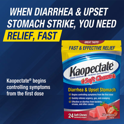 Kaopectate multisymptom digestive relief chewables for adult travelers diarrhea and gas.
