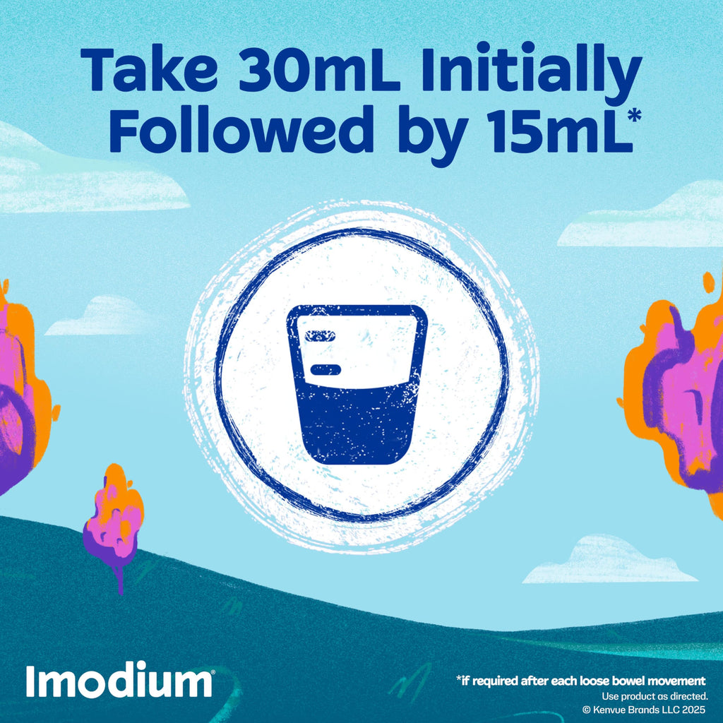 Imodium A-D liquid 8 fluid ounce bottle side view