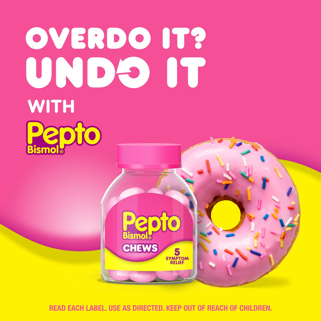 Side view of Pepto Bismol bottles for digestive health