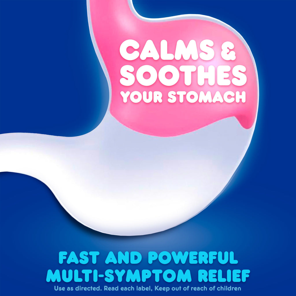 Back label of authentic USA imported stomach relief medication showing complete drug facts