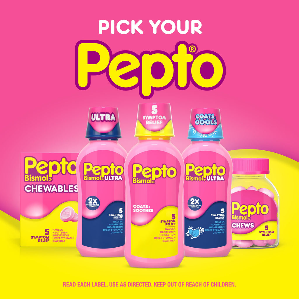 Pepto Bismol liquid side view showing 12 fluid ounce size