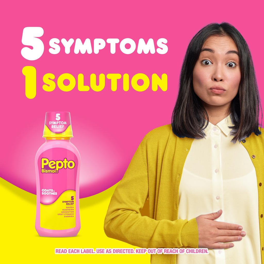 Pepto Bismol liquid bottle with dose cup for measurement