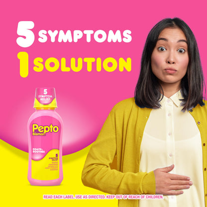 Pepto Bismol liquid bottle with dose cup for measurement