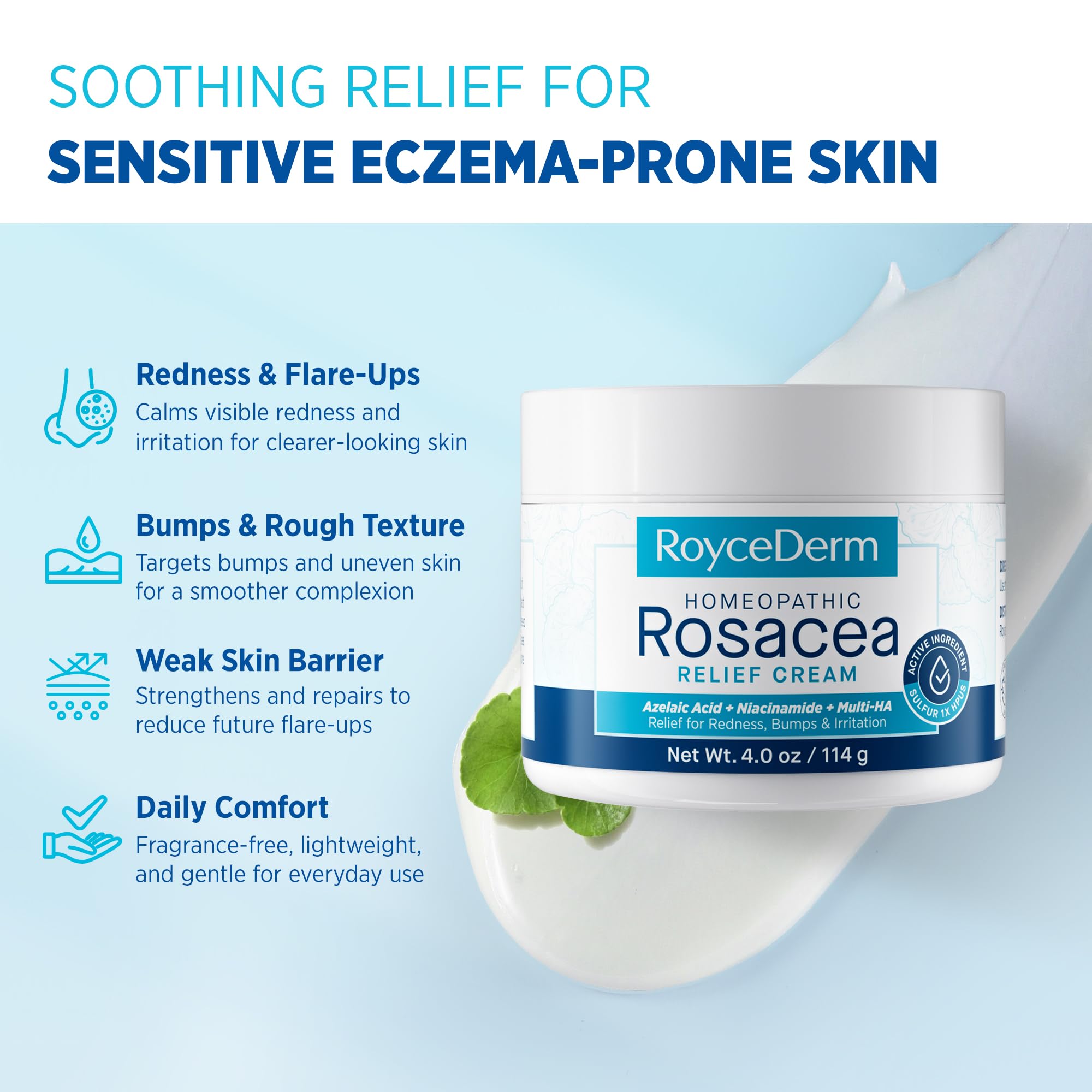 Roycederm Rosacea Cream packaging showcasing sensitive skin moisturizer benefits for redness relief.