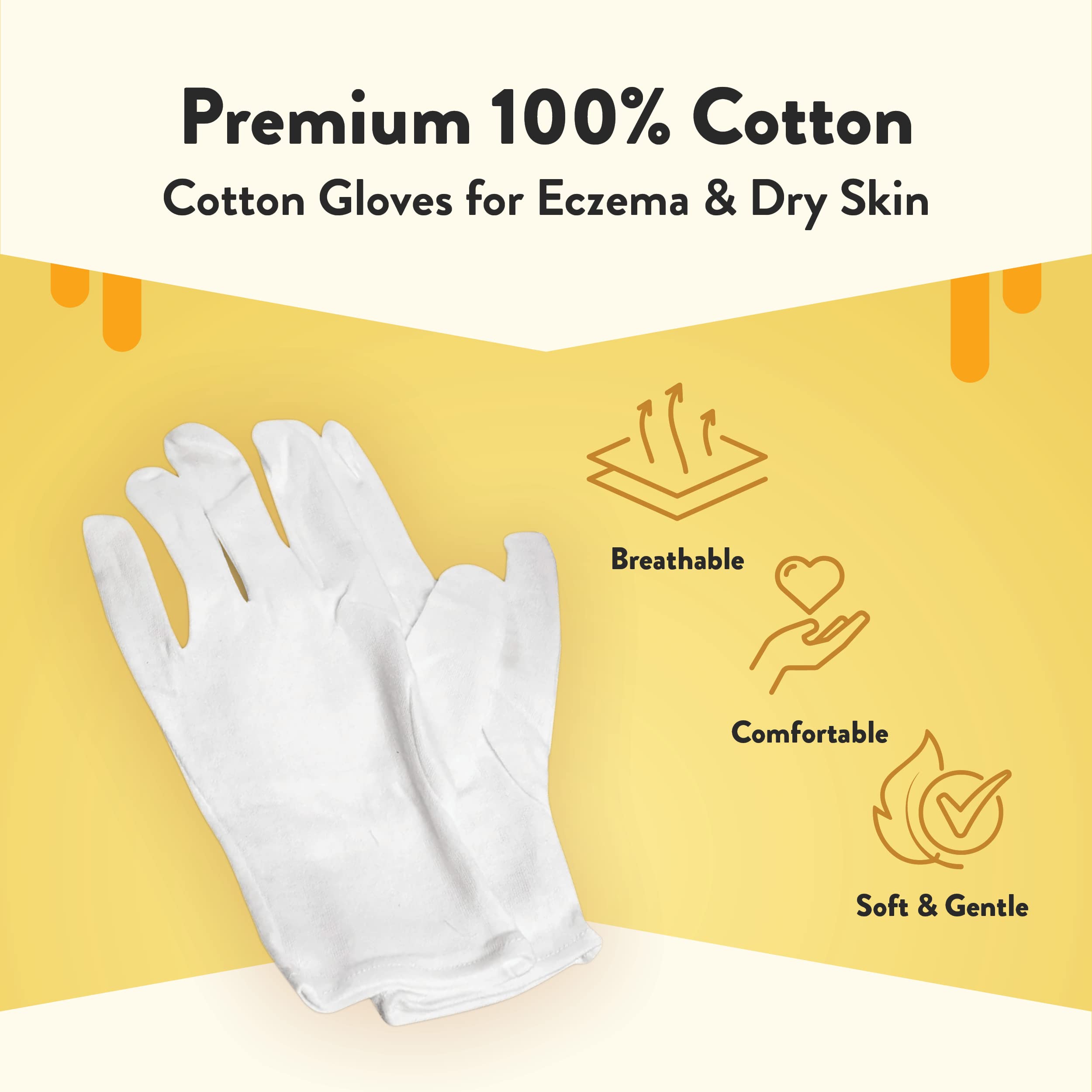 White cotton gloves for eczema overnight moisturizing treatment being worn on hands.