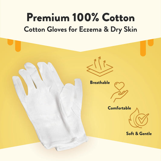 White cotton gloves for eczema overnight moisturizing treatment being worn on hands.