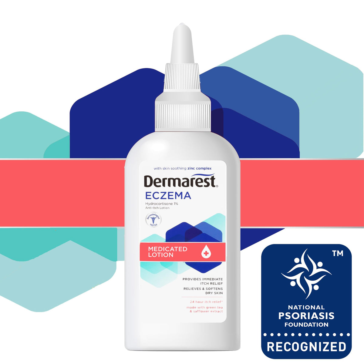 Close up view of the 24 hour itch relief lotion bottle for dry skin care.