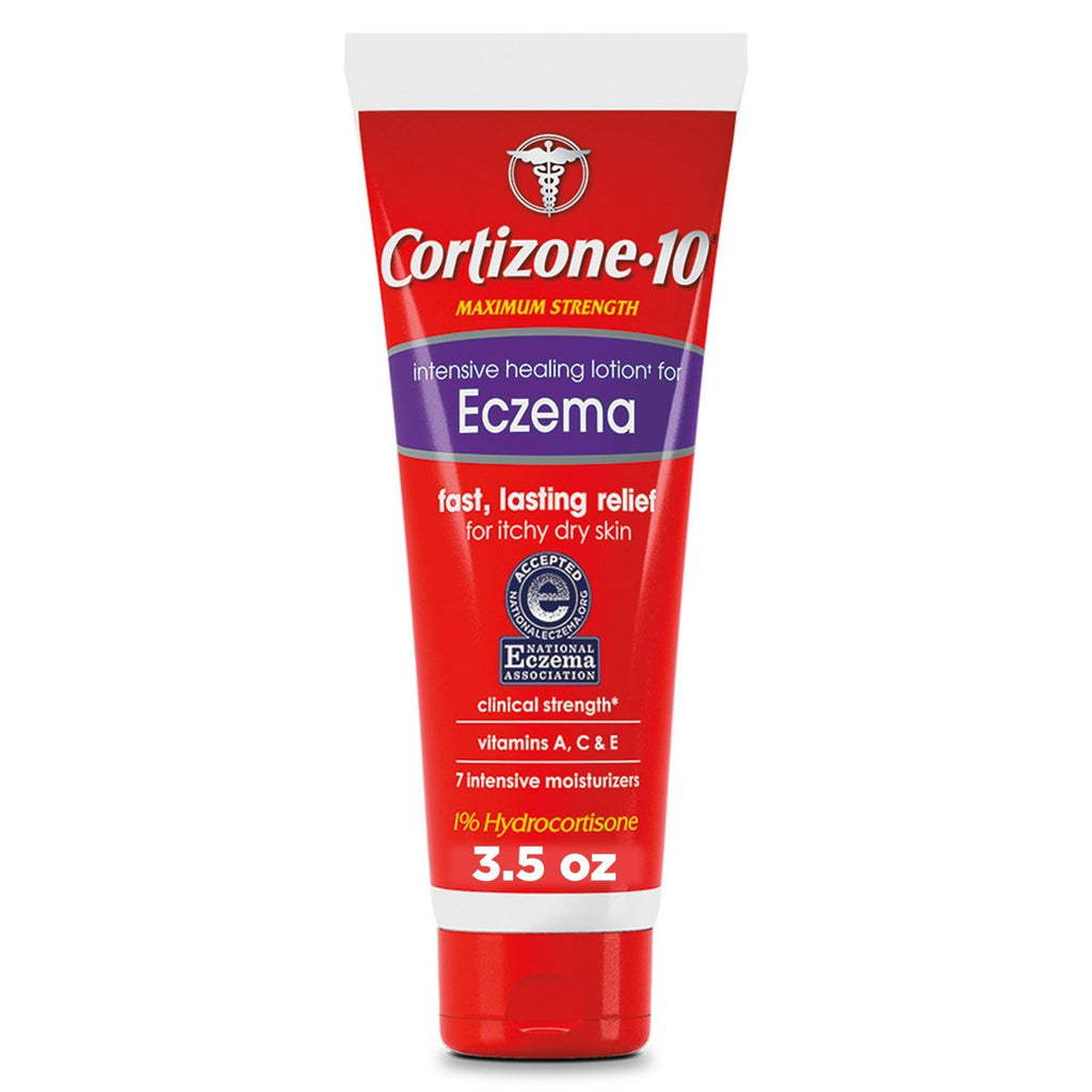 Cortizone 10 eczema lotion three point five ounce tube showing active hydrocortisone ingredient details