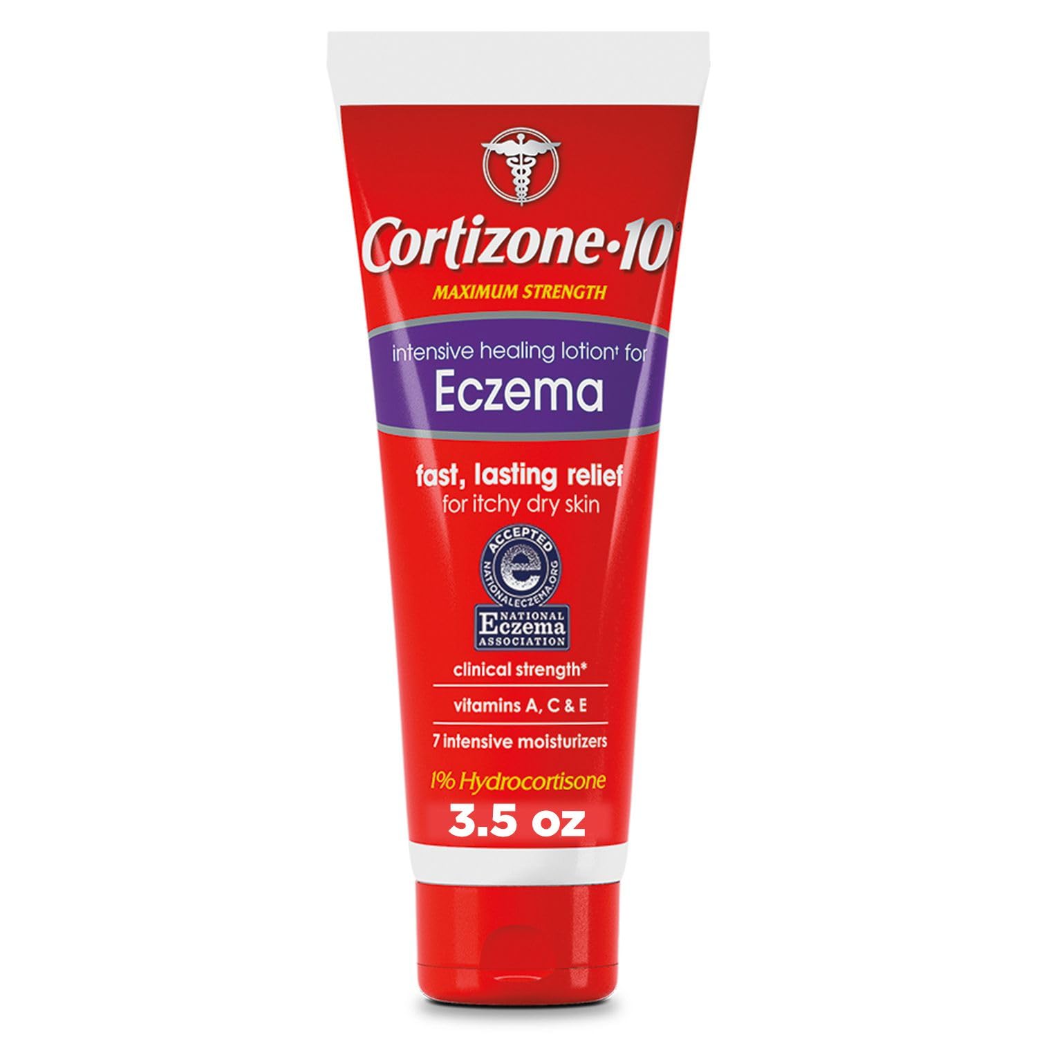 Cortizone 10 eczema lotion three point five ounce tube showing active hydrocortisone ingredient details