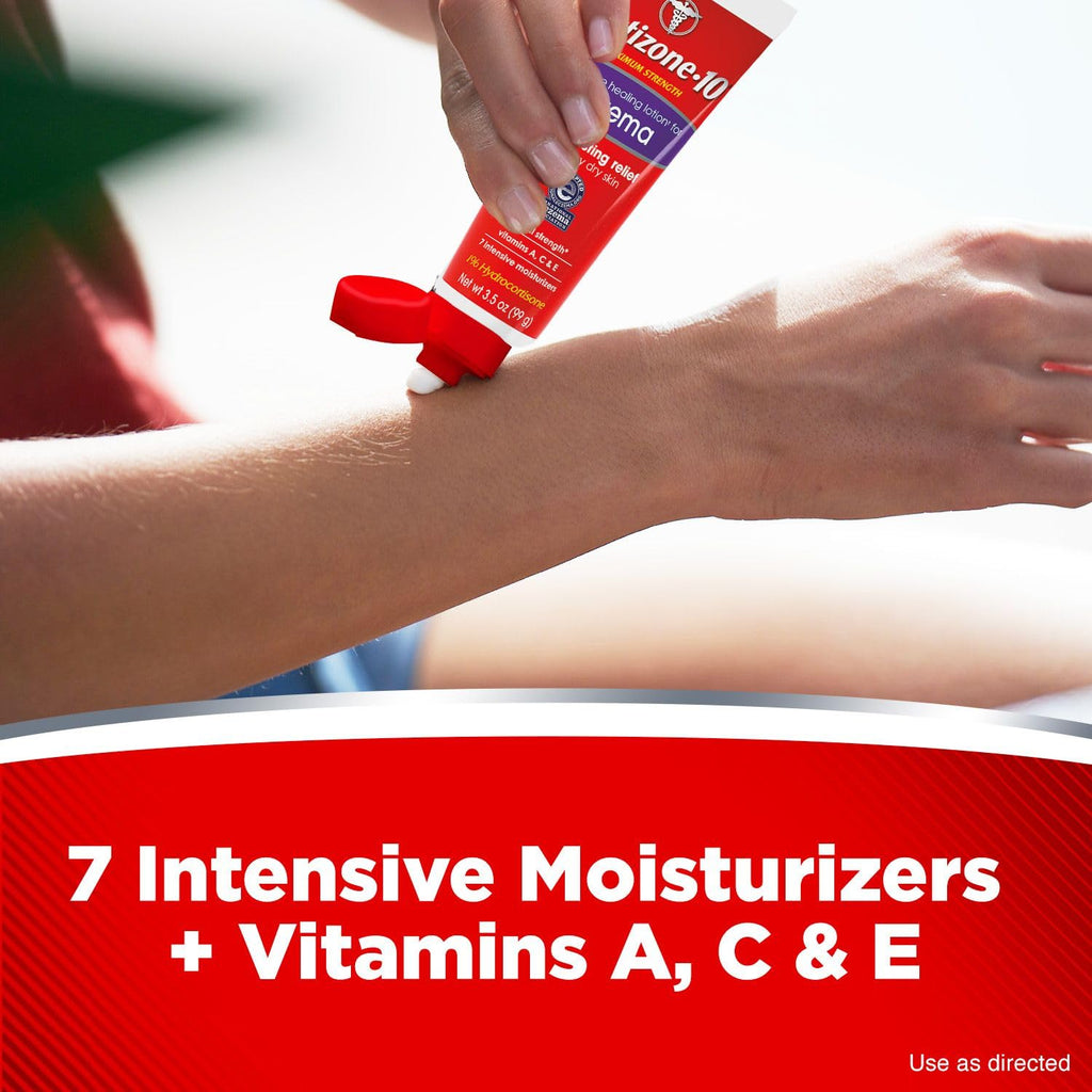 Cortizone 10 intensive healing eczema treatment showing seven moisturizers packaging callout