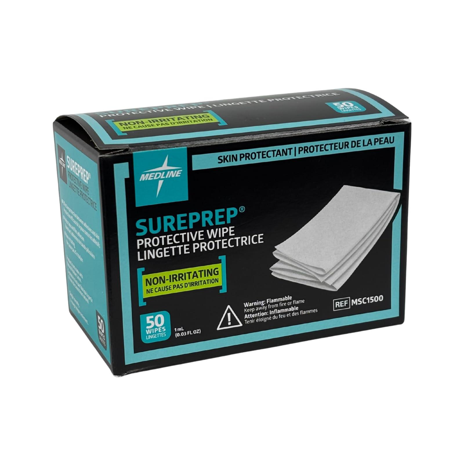 Individually wrapped 1 mL Medline skin protectant packet placed next to the medical supply box