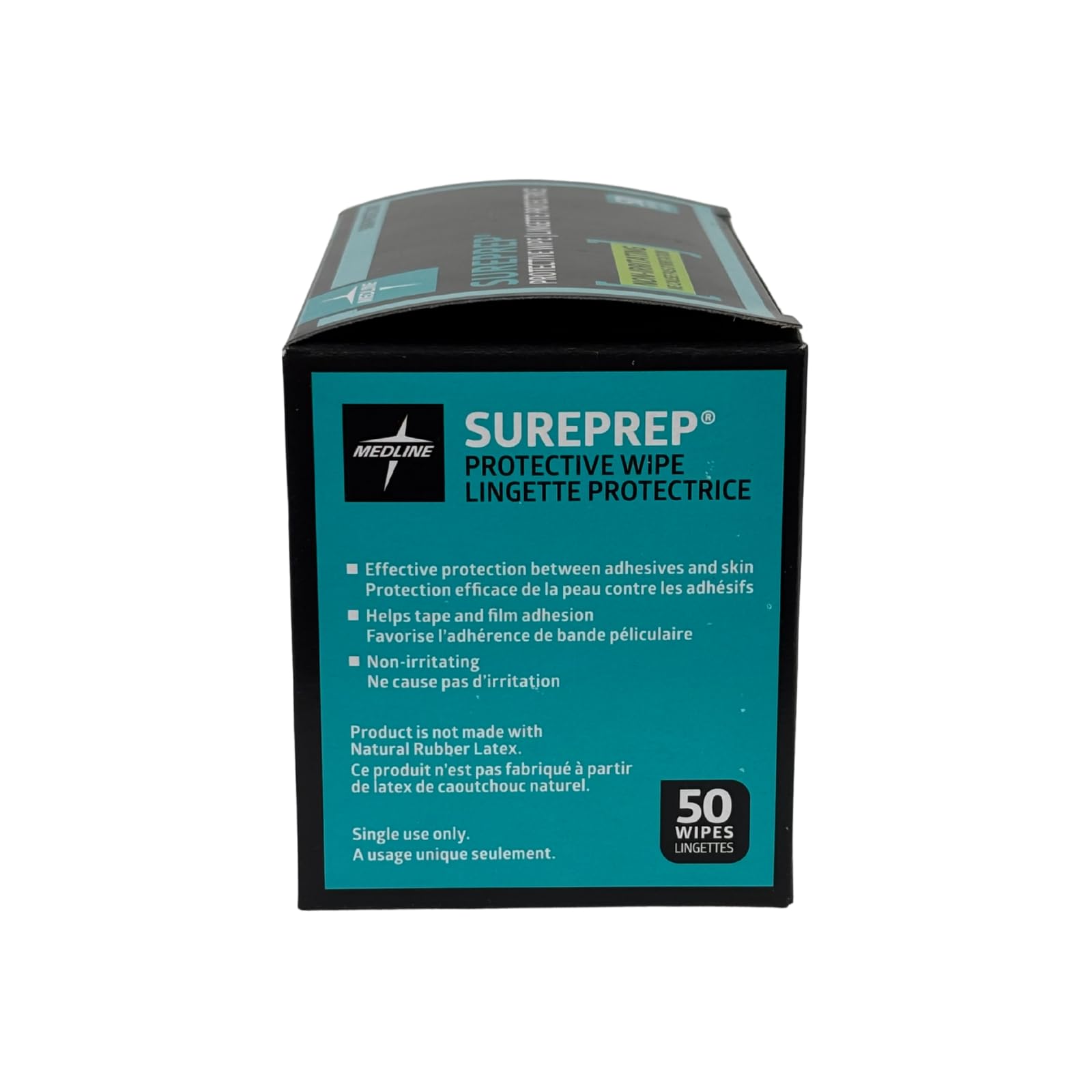 Waterproof medical-grade barrier wipe by Medline displaying the single-use packaging design details