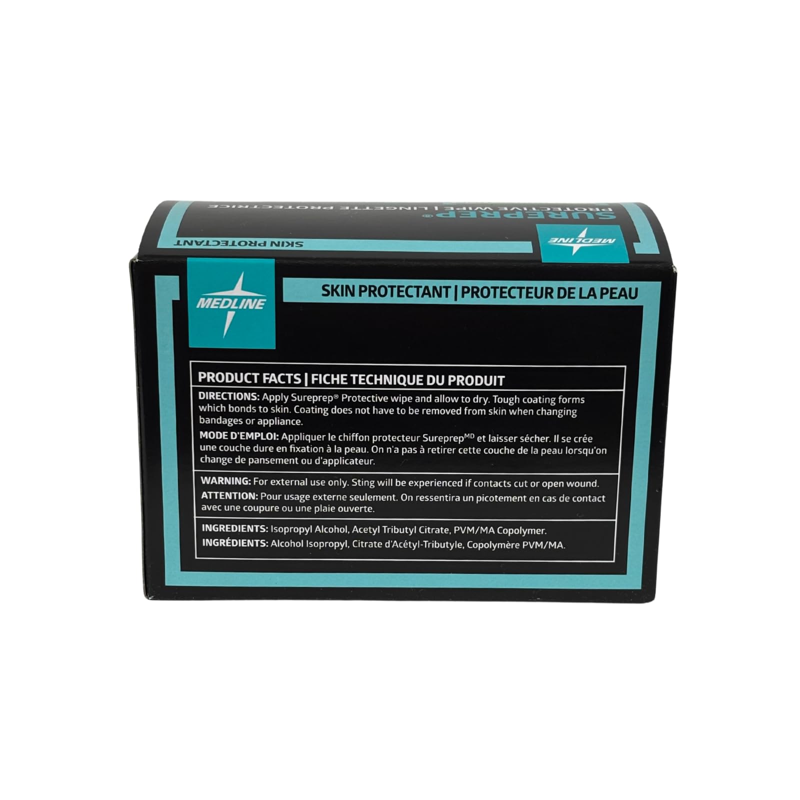 USA imported Medline SurePrep skin prep wipe showcasing the clear product labeling and instructions