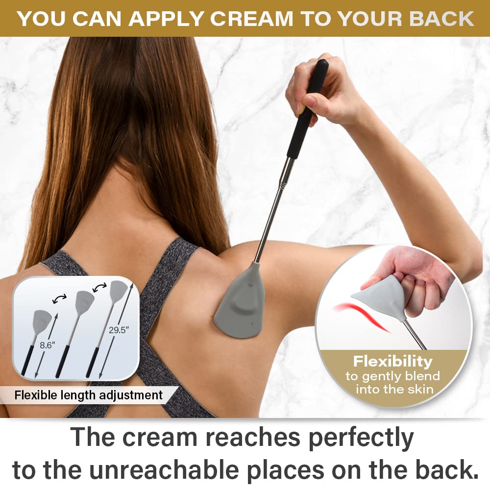 ROUNDS back lotion applicator tool showing telescopic stainless steel handle extended