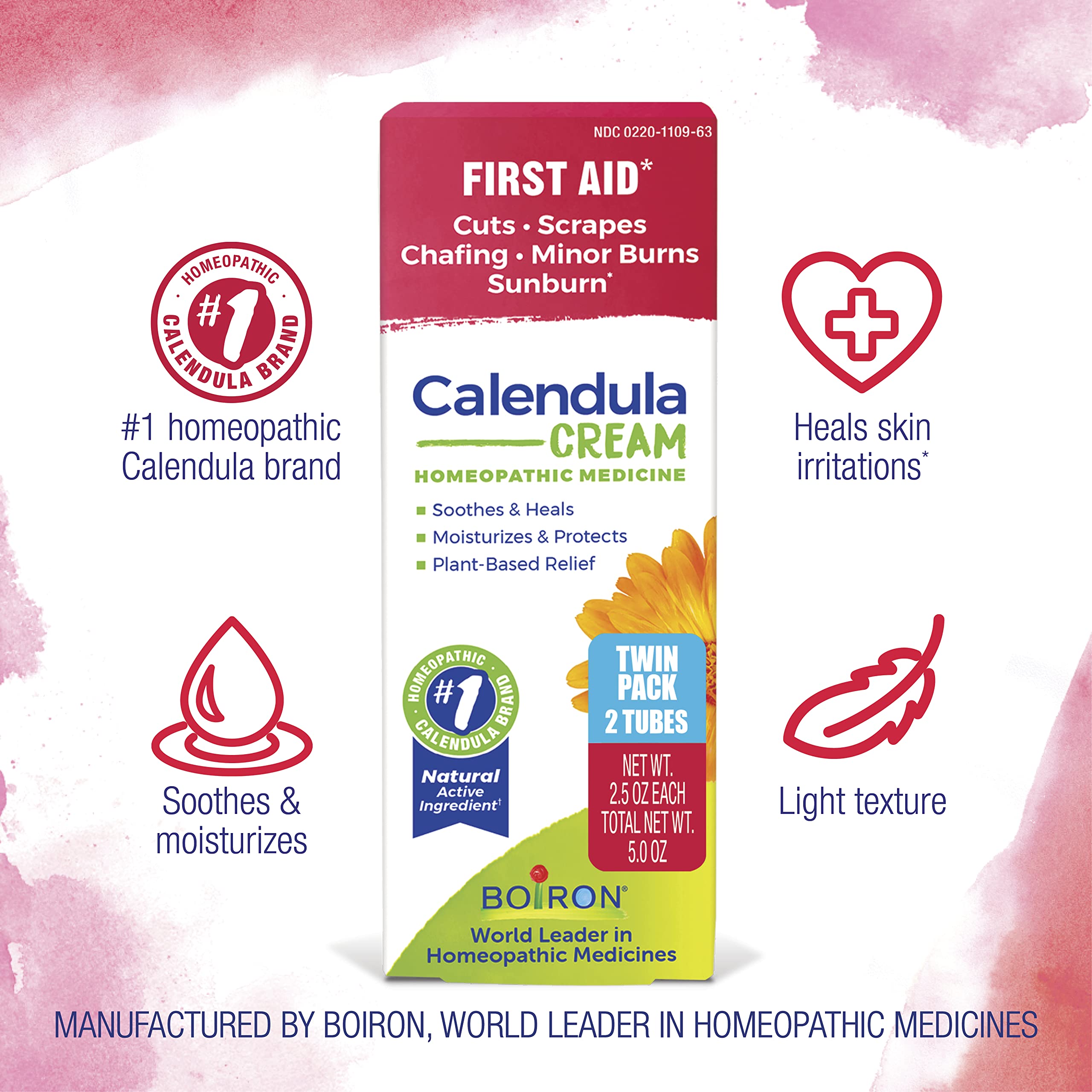 Two tubes of Boiron Calendula homeopathic cream for first aid care.