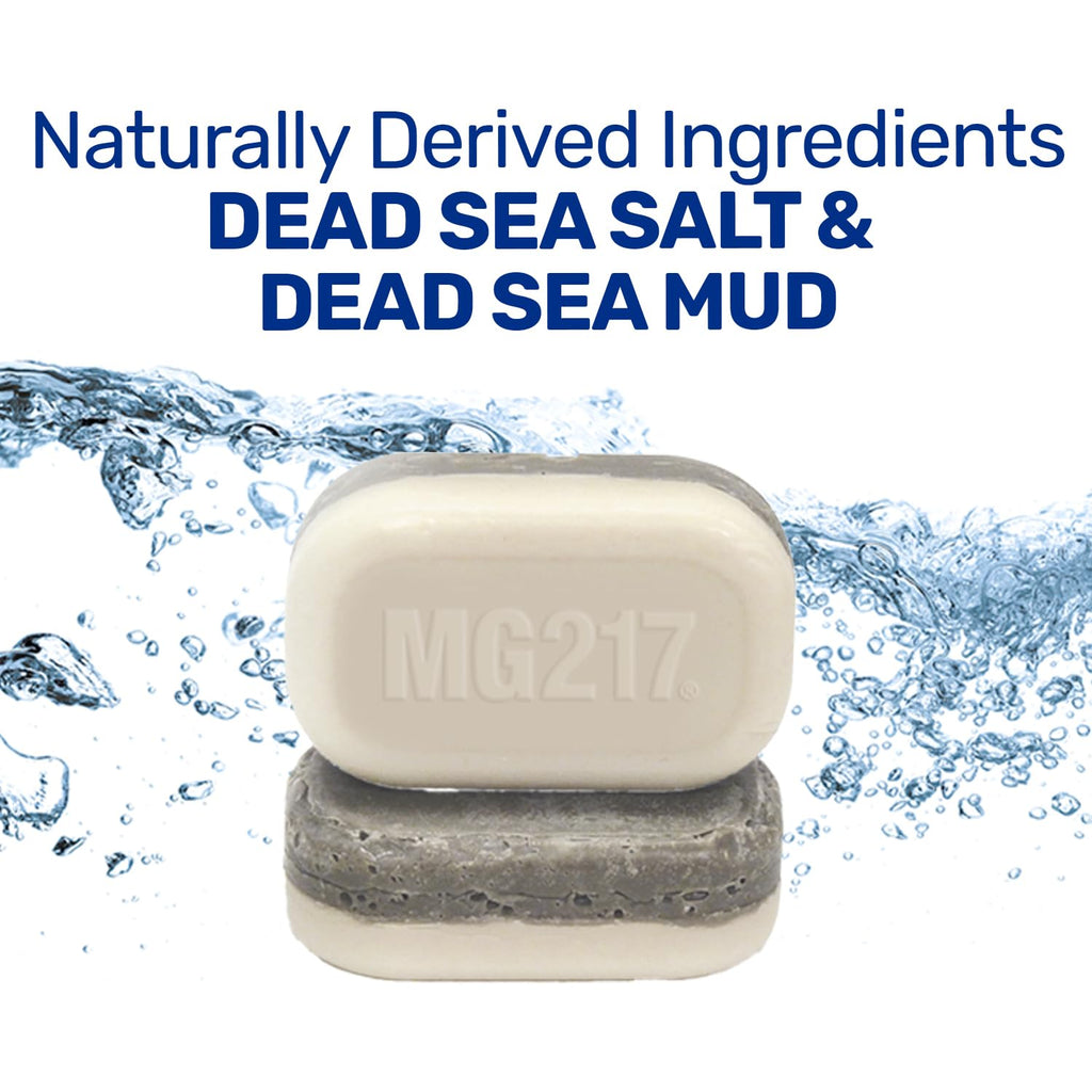 Back label of MG217 Psoriasis Bar Soap showing authentic ingredients and usage instructions