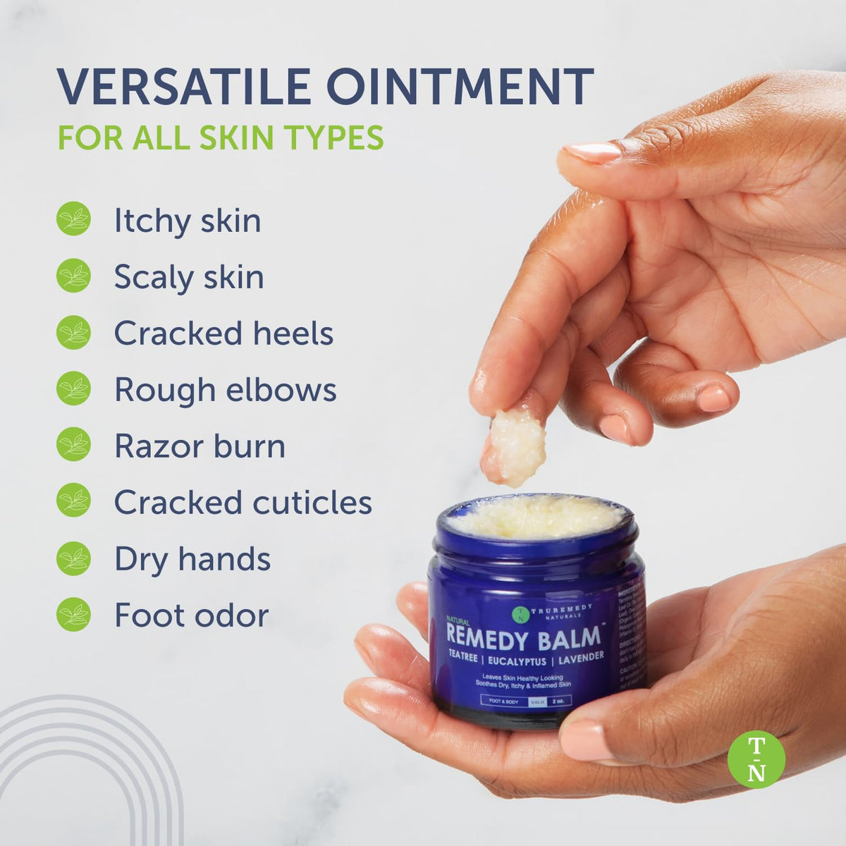 Truremedy Naturals Remedy Balm showing side panel with natural ingredients like lavender and eucalyptus.