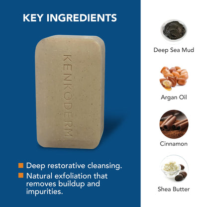 Dermatologist developed fragrance free psoriasis soap bar containing argan oil and shea butter.