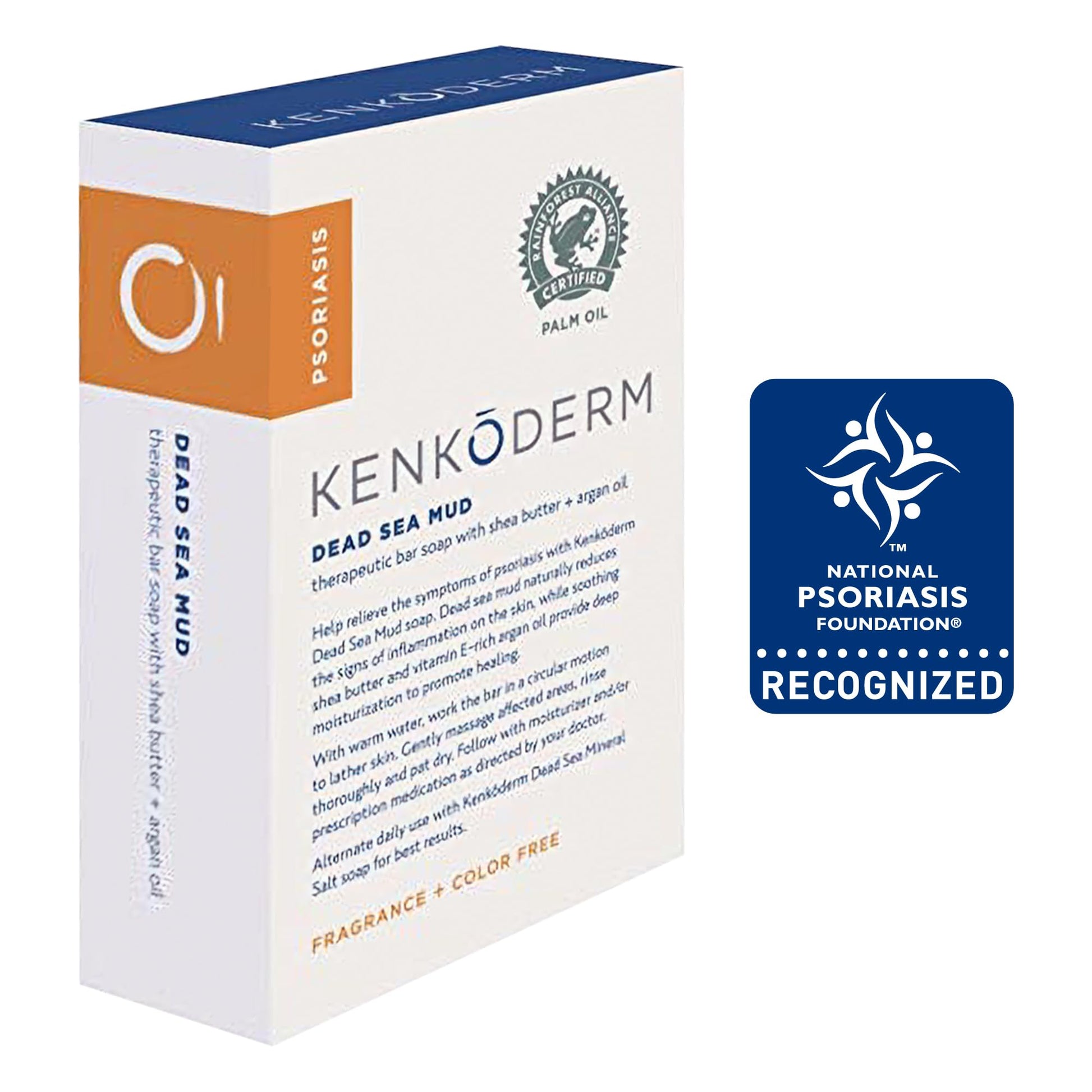 Back label of Kenkoderm Psoriasis bar soap showing product details and directions.