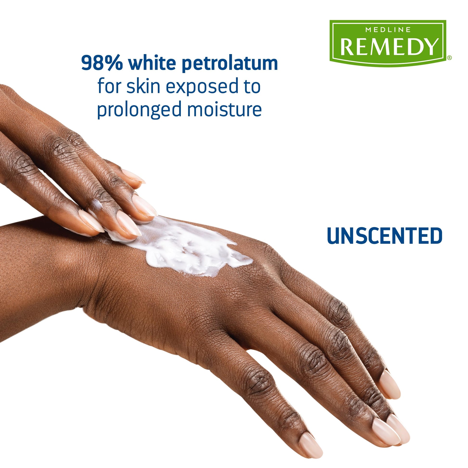 Unscented white petrolatum barrier cream packaging highlight with aloe and vitamins.