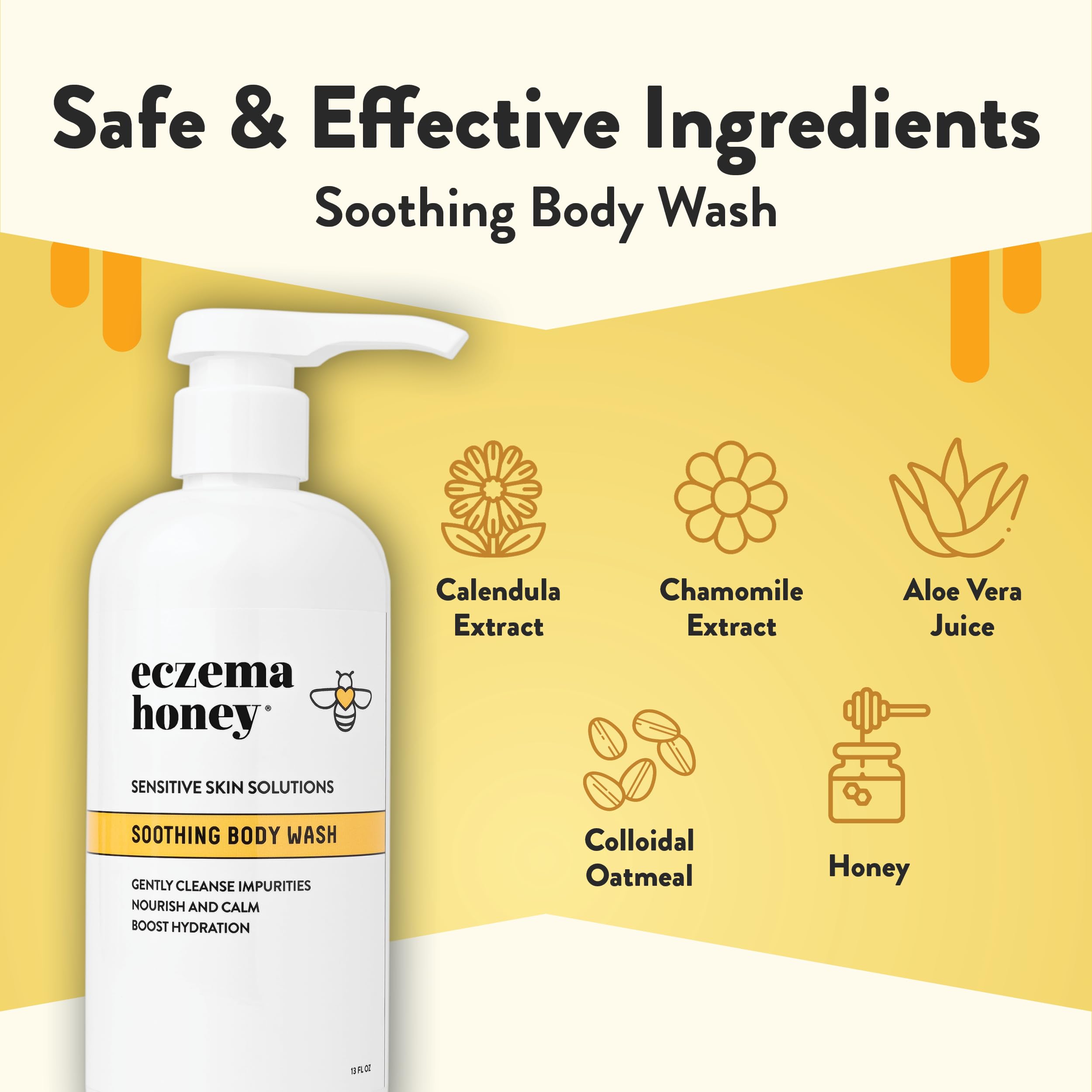 Eczema Honey daily shower gel bottle showing the clean ingredients label for sensitive skin relief