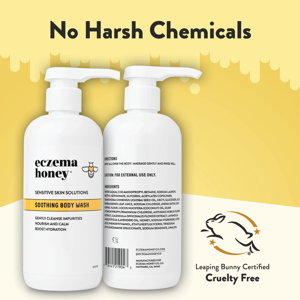 Close up of Eczema Honey sensitive skin body wash packaging highlighting its paraben free formulation