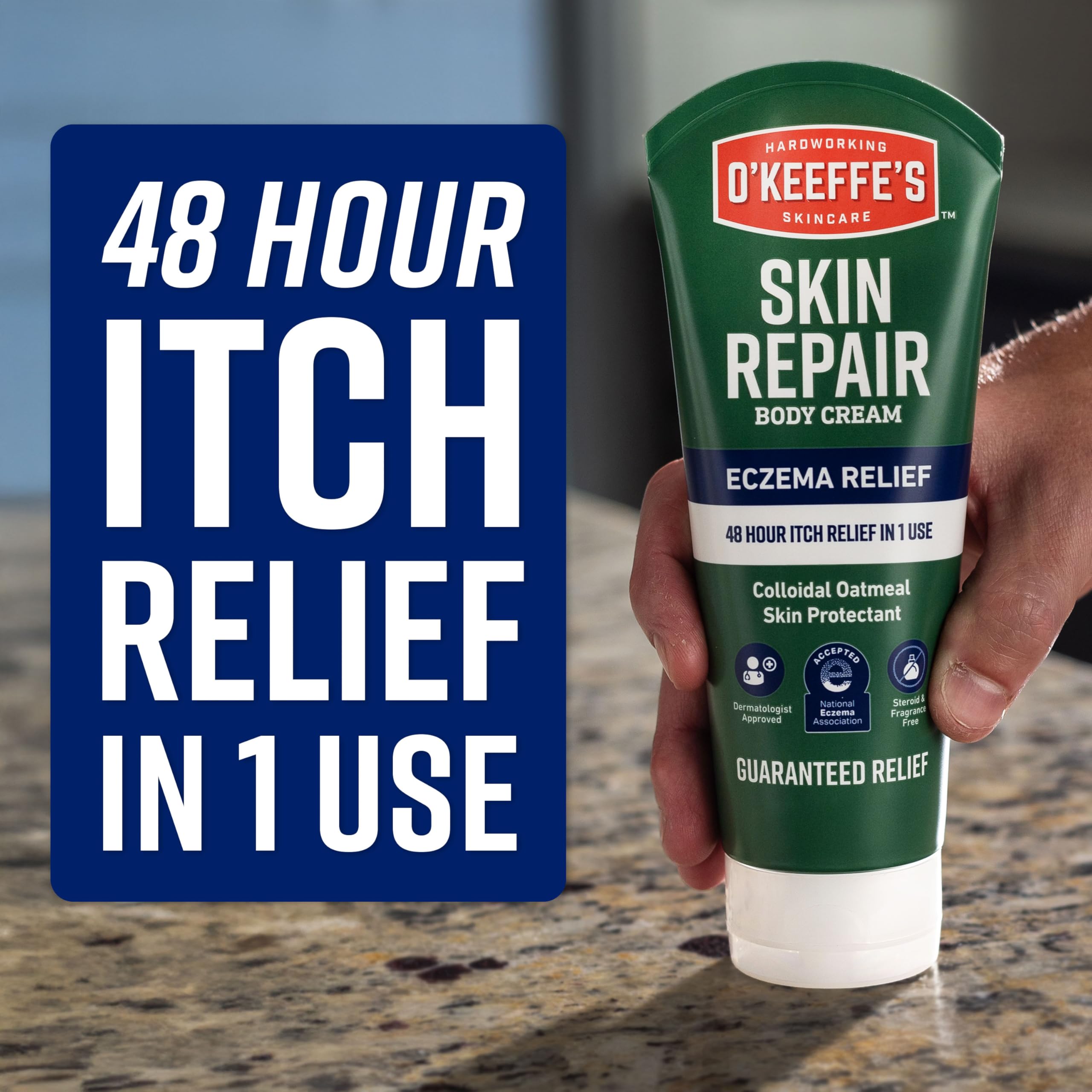 O'Keeffe's colloidal oatmeal eczema cream packaging displaying the 48-hour itch relief benefit.