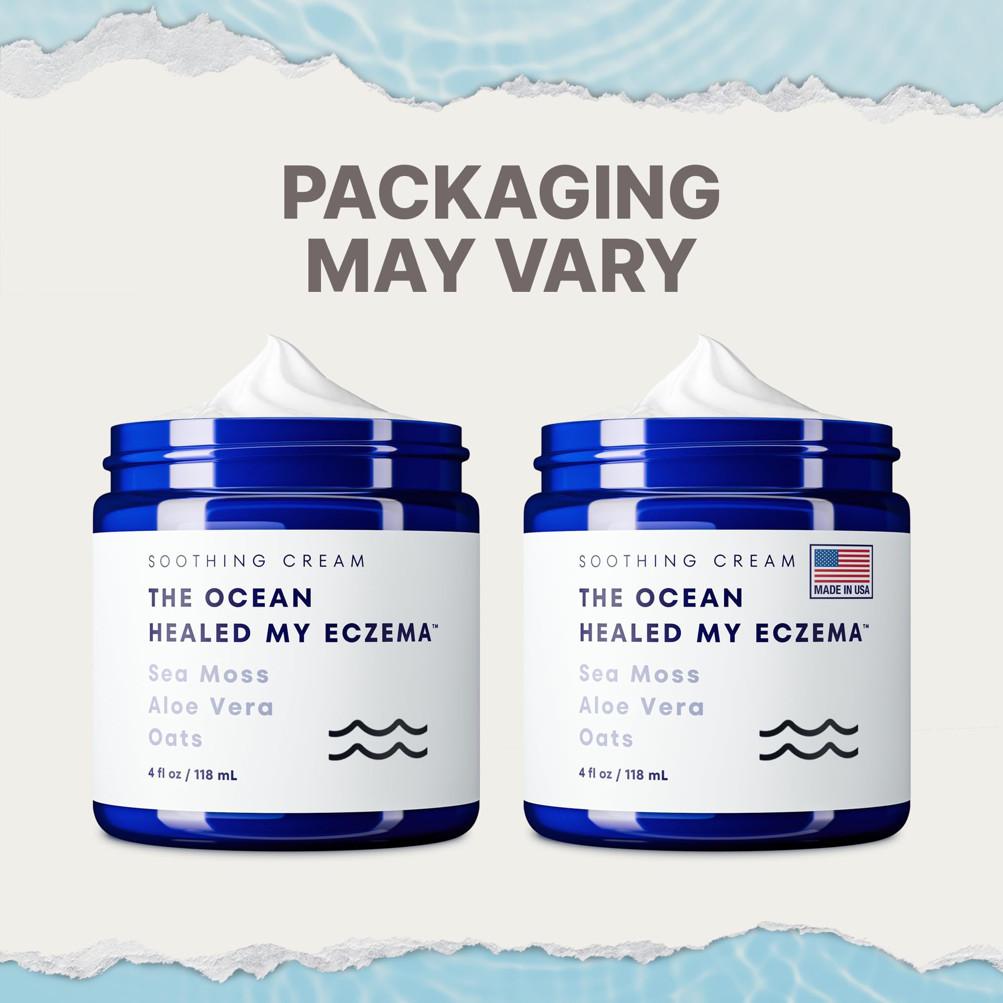 The Ocean Healed My Eczema moisturizing jar showing colloidal oatmeal and sea moss benefits