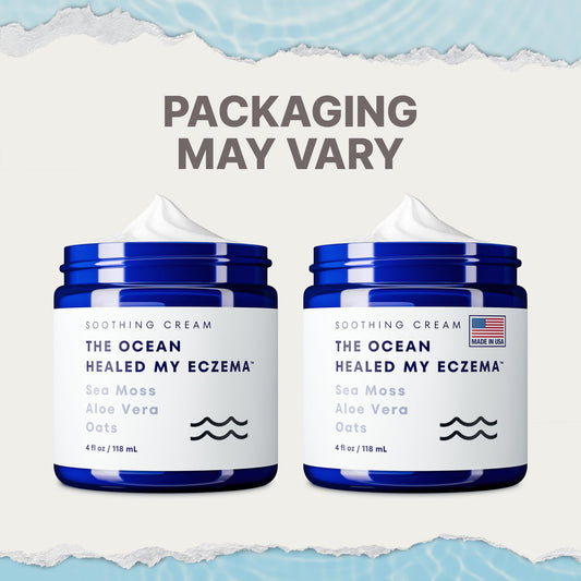The Ocean Healed My Eczema moisturizing jar showing colloidal oatmeal and sea moss benefits