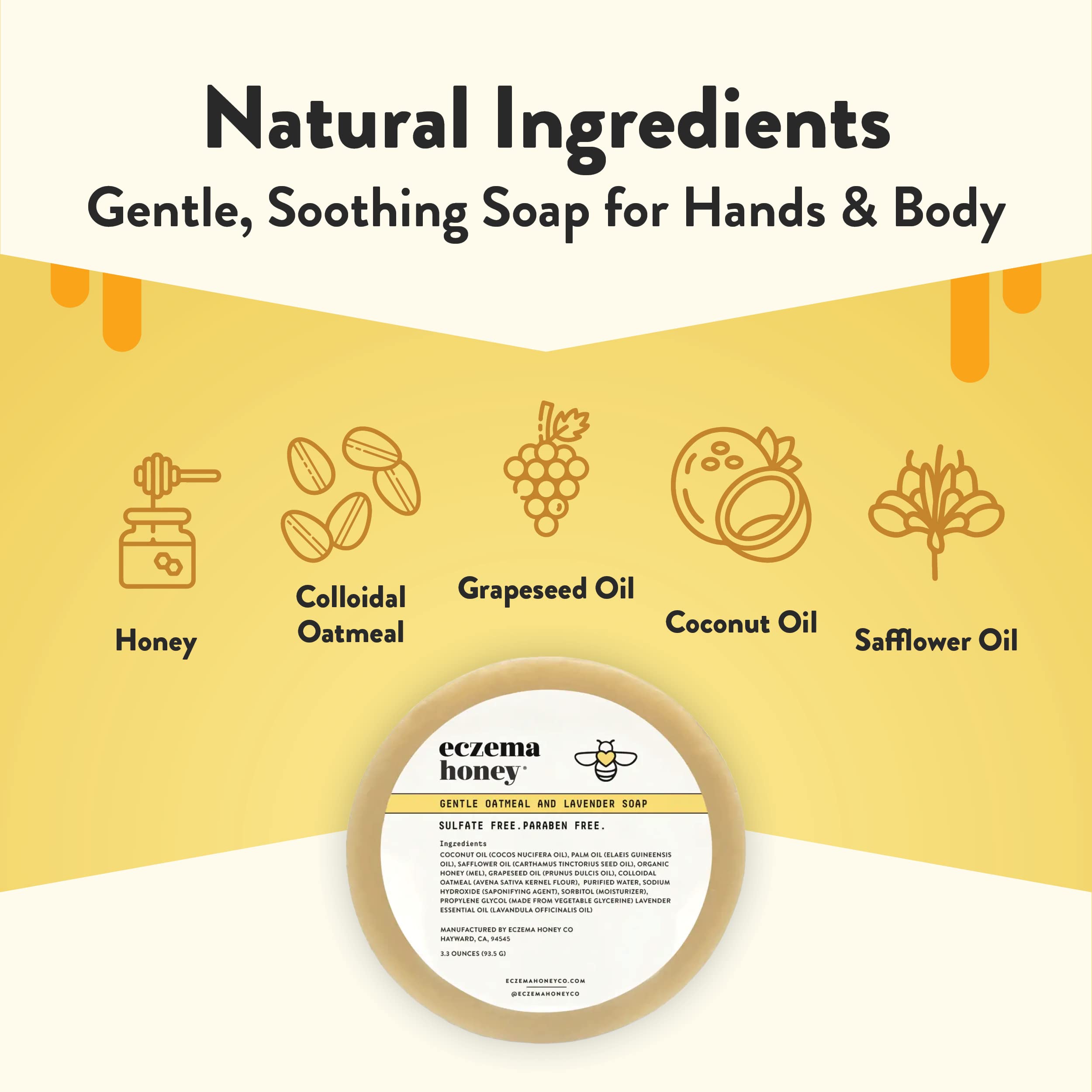 ECZEMA HONEY 3.3 Ounce natural daily cleansing bar for dry itchy sensitive skin