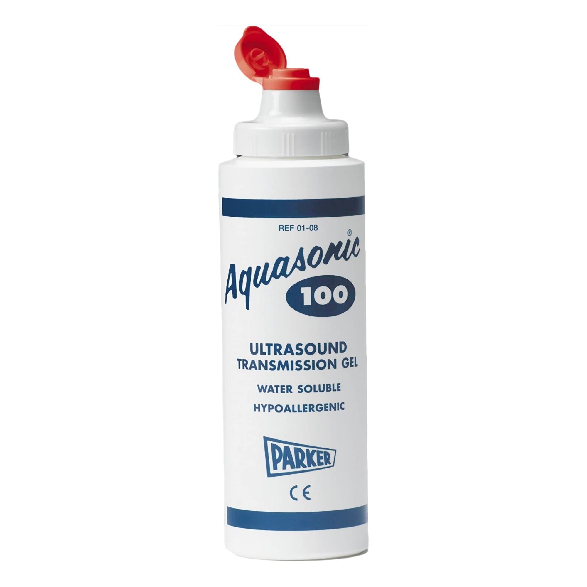 Aquasonic 100 ultrasound gel 0.25-liter squeeze bottle showing product label details and snap-cap dispenser.