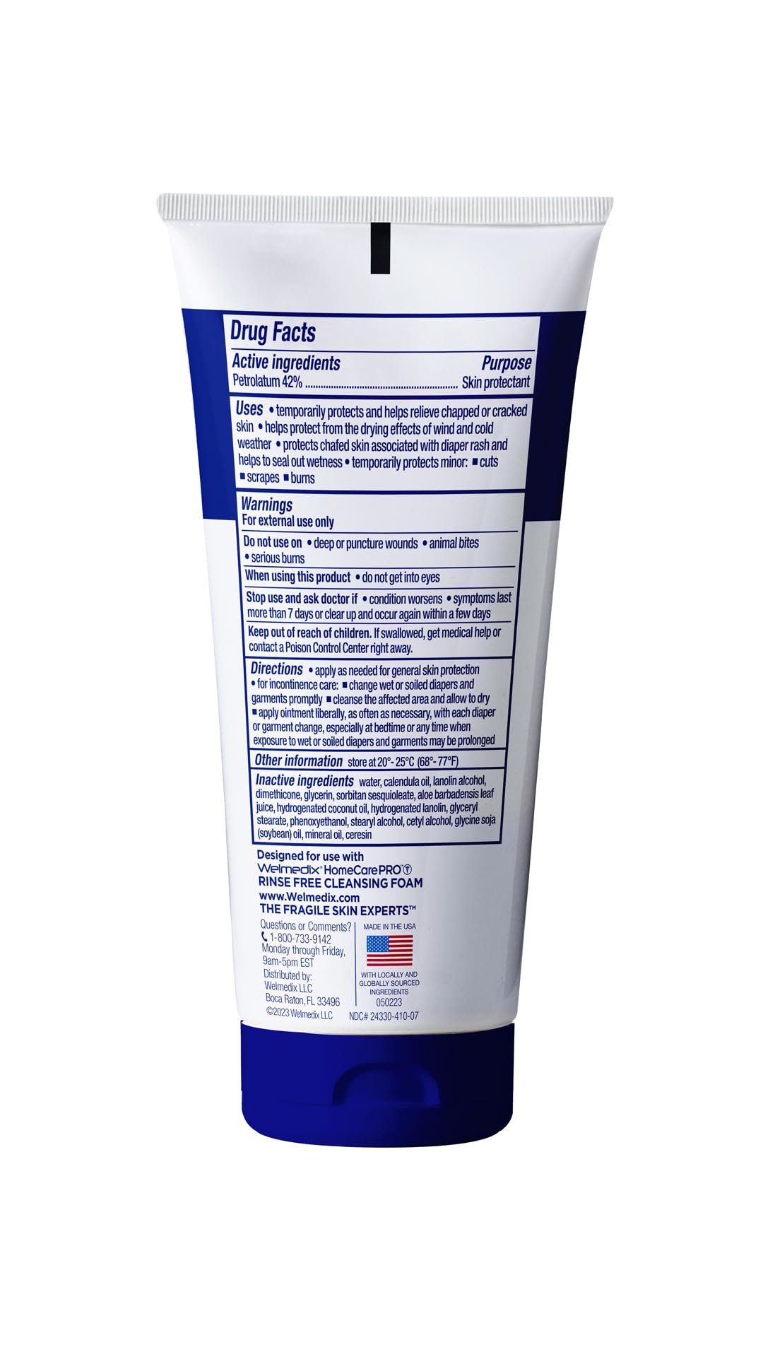 Welmedix HomeCare PRO skin barrier cream bottle showing ingredients list and 42 percent petrolatum