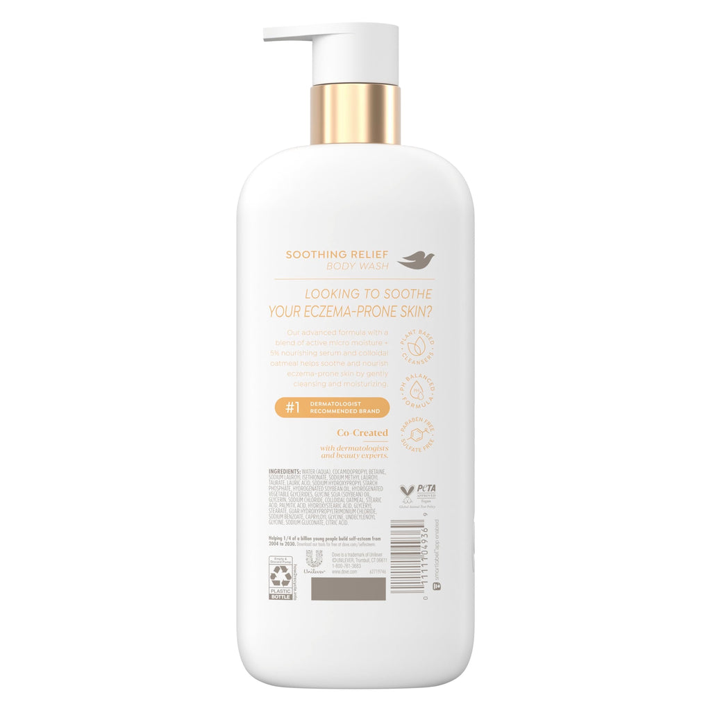 Dove colloidal oatmeal body wash pump dispenser details highlighting the five percent nourishing serum benefits