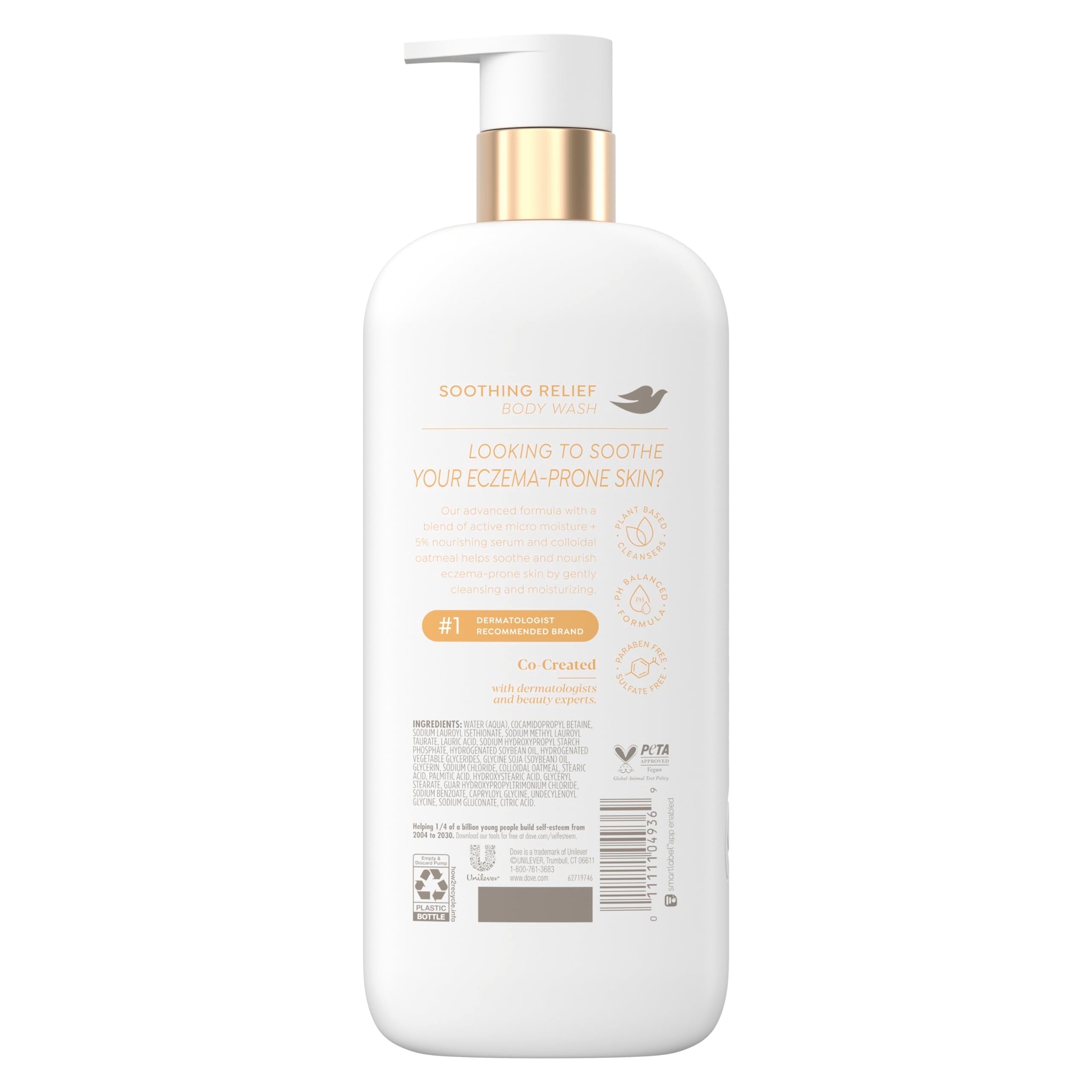Dove colloidal oatmeal body wash pump dispenser details highlighting the five percent nourishing serum benefits