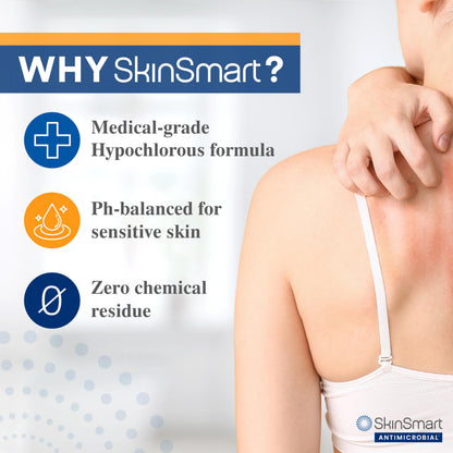 SkinSmart Antimicrobial clear liquid solution for managing sensitive eczema-prone skin.