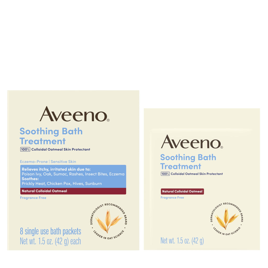 Individually wrapped single use packets of Aveeno natural colloidal oatmeal skin protectant spread out