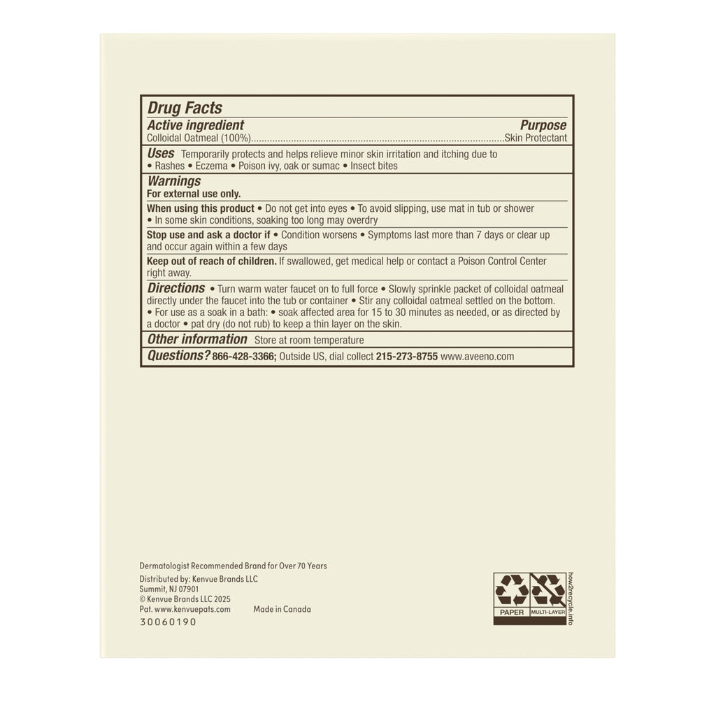 Aveeno soothing bath treatment packaging showing dermatologist recommended seal for eczema care