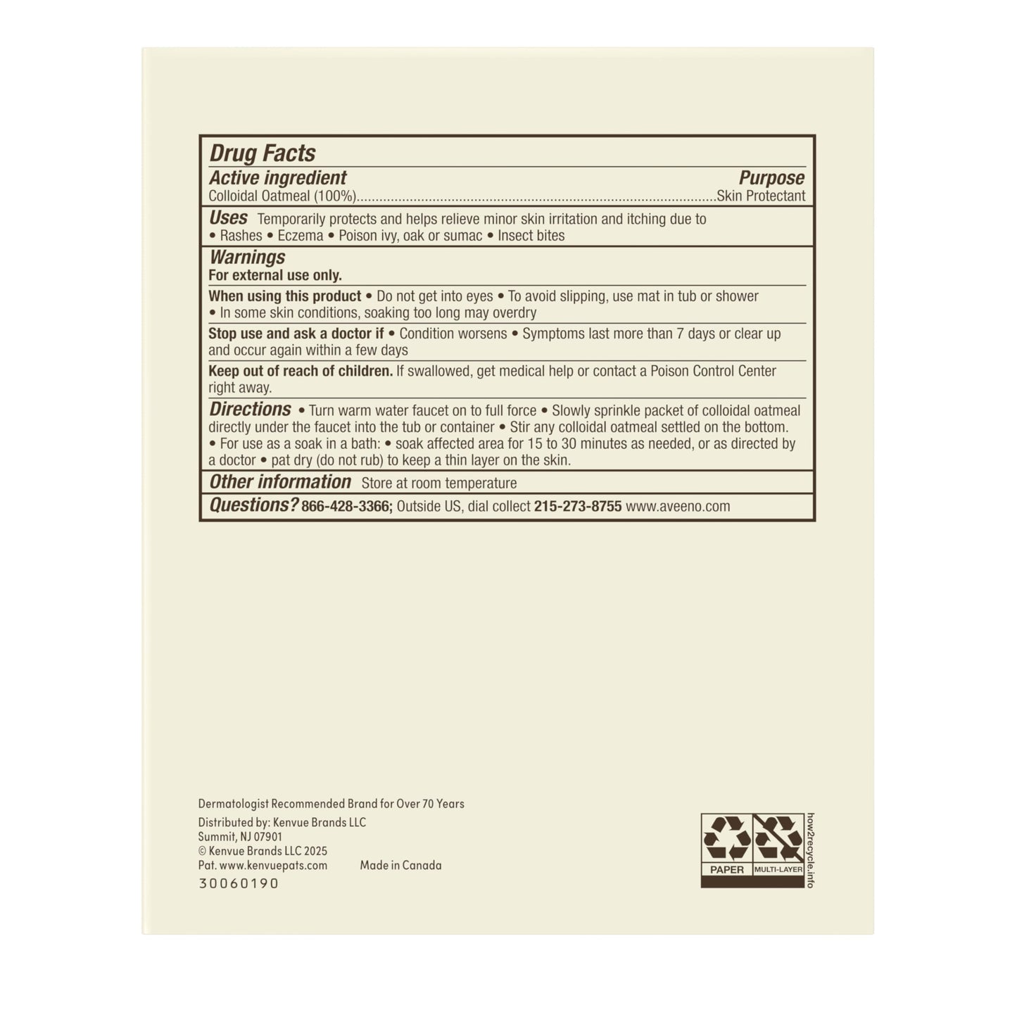 Aveeno soothing bath treatment packaging showing dermatologist recommended seal for eczema care