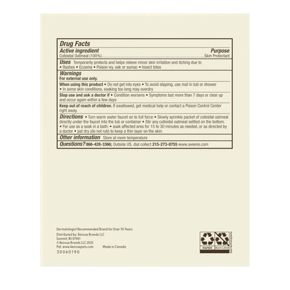 Aveeno soothing bath treatment packaging showing dermatologist recommended seal for eczema care