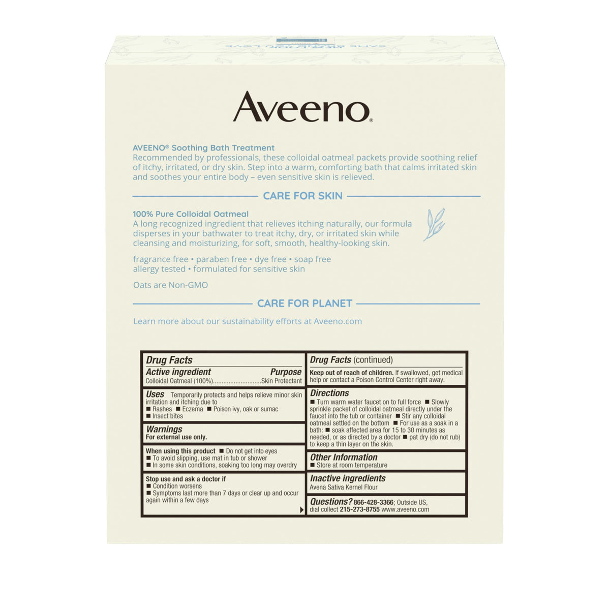 Side view of Aveeno natural colloidal oatmeal packet highlighting the product barcode and imported details